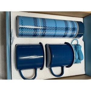 FabFitFun Blue Plaid Thermos and Enamel Mug Set with Mitten Tea Infuser 4pc NEW